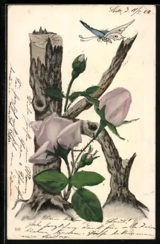AK Buchstabe K aus Baumstämmen mit Rosen und Schmetterling