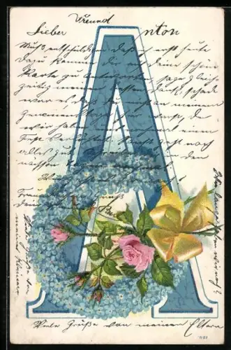 AK Hufeisen aus Vergissmeinnicht und Rosen vor dem Buchstaben A