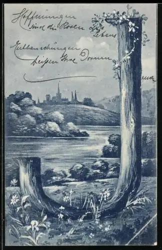 AK Uferlandschaft mit dem Buchstaben J