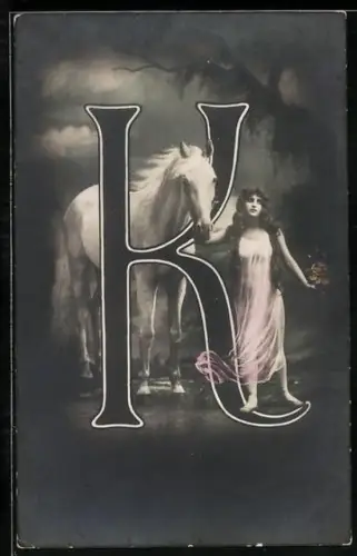 AK Frau mit weissem Pferd am Buchstaben K