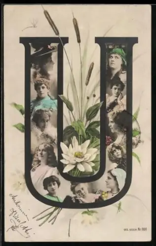 AK Frauenportraits gerahmt vom Buchstaben U und Seerosen