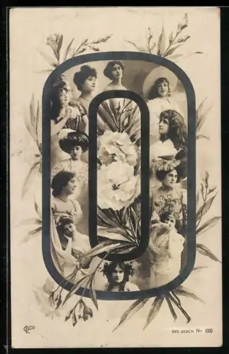 AK Frauenportraits im Buchstaben O mit Blumen