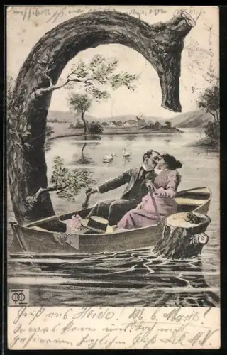AK Liebespaar in einem Ruderboot am Buchstaben C