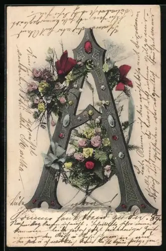 AK Buchstabe A im Kranz aus Rosen