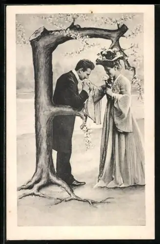 AK Eleganter Herr und Dame am Buchstaben F