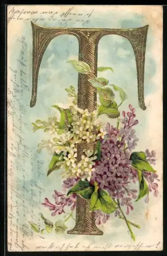 Präge-AK Weisse und violette Blumen am Buchstaben T