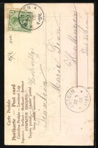 Präge-AK Weisse und violette Blumen am Buchstaben T