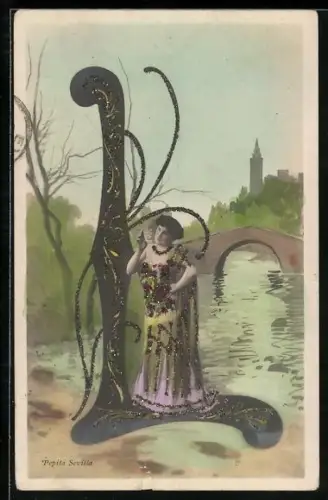 AK Frau im Kleid auf dem Buchstaben L, Im Hintergrund Brücke