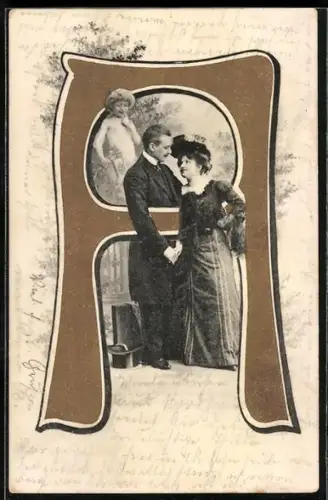 AK Amor beobachtet Liebespaar im Buchstaben A