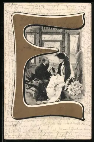 AK Liebespaar mit Blumen im Buchstaben E