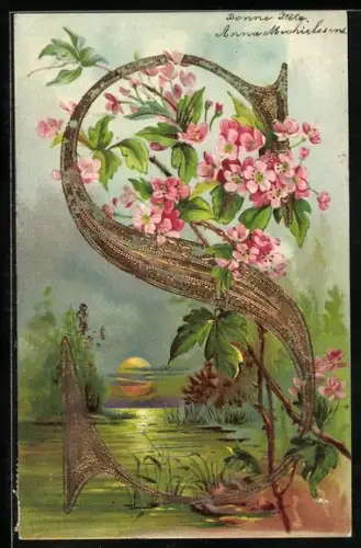 AK Buchstabe S, Idylle am Ufer mit Blumenverzierung, Golddruck