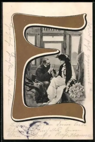 AK Liebespaar mit Blumen im Buchstaben E