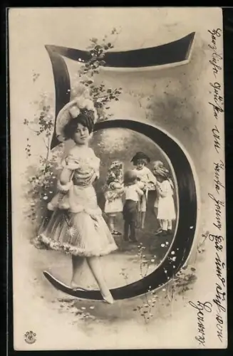 AK Zahl 5 mit spielenden Kindern