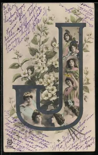 AK Frauenportrait im Buchstaben J