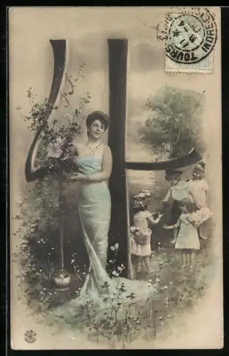 AK Zahl 4, junge Frau und Kinder