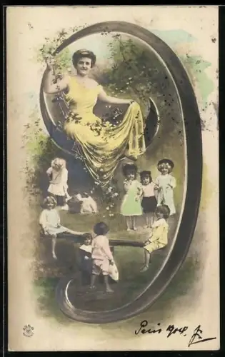AK Schöne Frau und Kinder bei der Ziffer 9