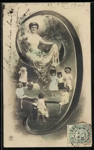 AK Schöne Frau und Kinder bei der Ziffer 9