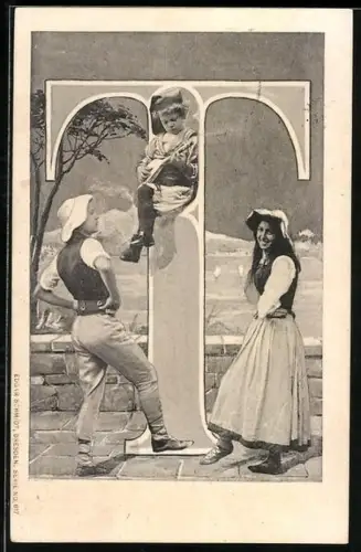 AK Buchstabe T, junges, tanzendes Paar in Tracht, Junge spielt Ukulele