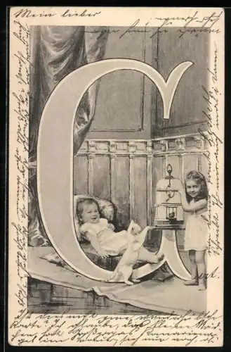 AK Zwei kleine Mädchen am Vogelkäfig im Buchstaben C