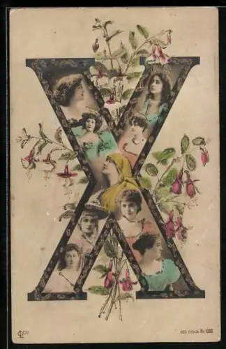 AK Frauenportraits im Buchstaben X mit Blumen