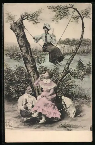 AK Frau schaukelt auf dem Buchstaben V