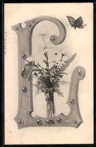 AK Buchstabe L mit Blumenstrauss und Schmetterling