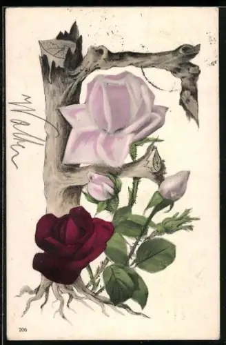 AK Buchstabe F mit weisser und roter Rose