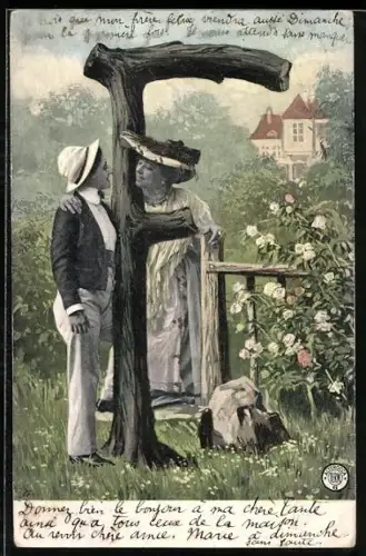 AK Zwei junge Frauen am Buchstaben F