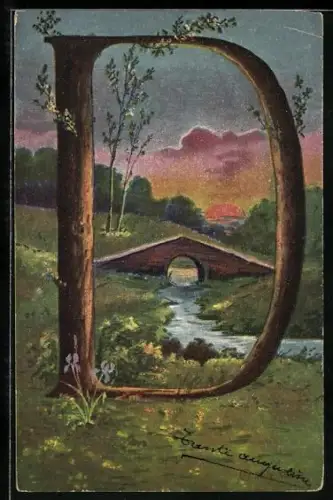 AK Partie am Bach bei Sonnenuntergang, Buchstabe D