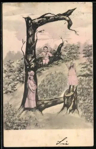 AK Zwei Mädchen und Junge spielen am Buchstaben E