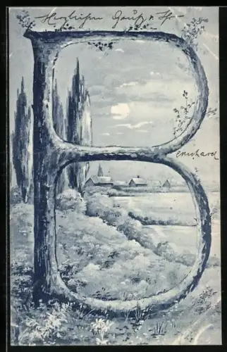 AK Landschaft mit dem Buchstaben B bei Mondschein