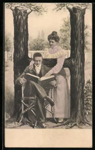 AK Paar mit einem Buch am Buchstaben H