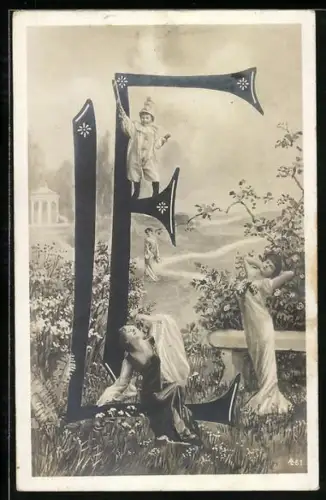 AK Drei Frauen mit kleinem Harlekin an den Buchstaben L & F