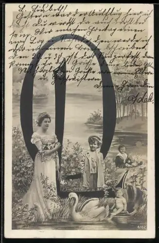 AK Buchstabe Q mit Frau und Kindern vor einer Seelandschaft