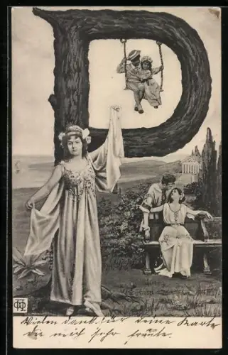 AK Frau im Kleid am Buchstaben P, Im Hintergrund Pärchen und Kinderpaar