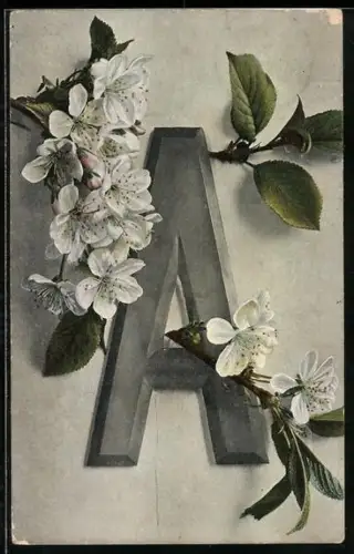 AK Zweig mit weissen Blumen am Buchstaben A