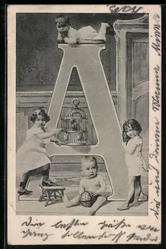 AK Vier Kinder mit einem Kakadu am Buchstaben A
