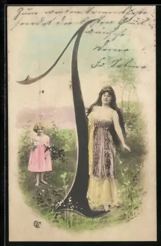 AK Zahl 1, Junge Frau und Mädchen mit Blumen