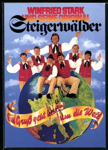 AK Winfried Stark u. seine Original Steigerwälder auf einem Globus, Autograph