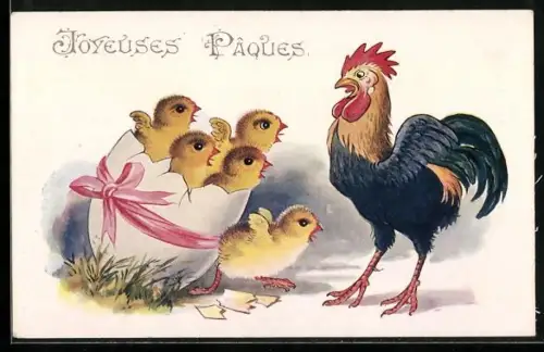 AK Vier Küken in grosser Eierschale, Erstaunte Henne, Ostergruss