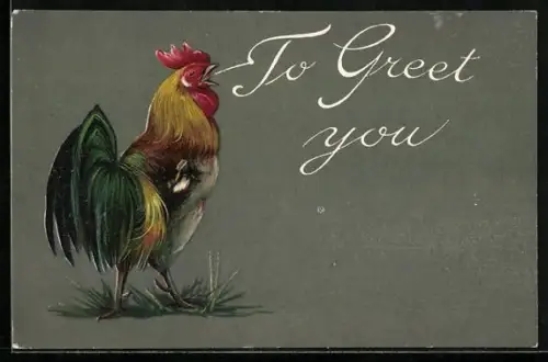 AK Krähender Hahn, Gruss-Schriftzug