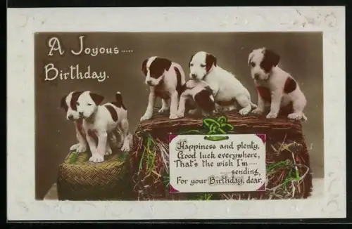 AK Sechs Hundewelpen auf Körben, Geburtstagsgruss
