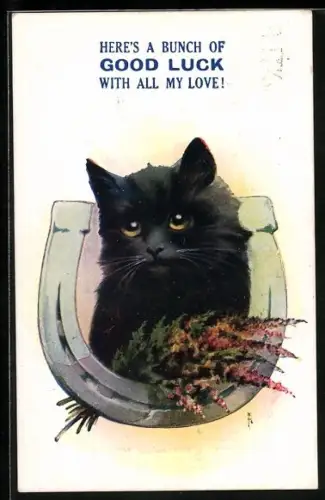 AK SchwarzeKatze als Glücksbringer mit Hufeisen