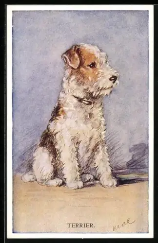 Künstler-AK bezaubernder Terrier mit Halsband macht sitz