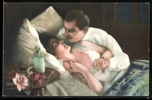 AK Hochzeitsmorgen, Zärtliches Paar im Bett