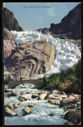 AK Ober Grindelwald-Gletscher, Brücke mit Blick zum Gletscher