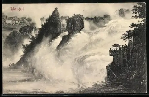 Künstler-AK Rheinfall, Besucherplattform mit Beobachtern