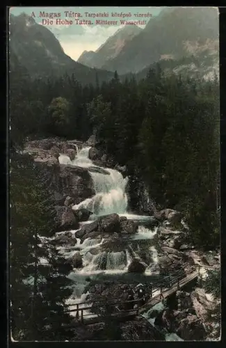 AK Die Hohe Tatra, Mittlerer Wasserfall mit Brücke
