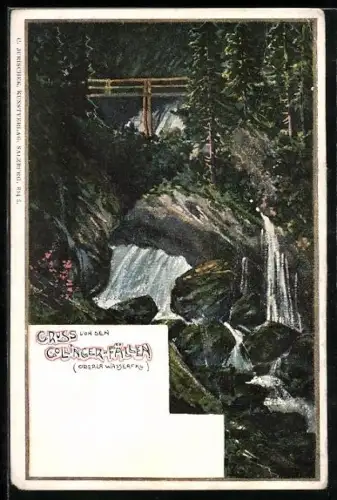 Künstler-AK Gollinger Fälle, Oberer Wasserfall mit Beobachterplattform und Waldstück