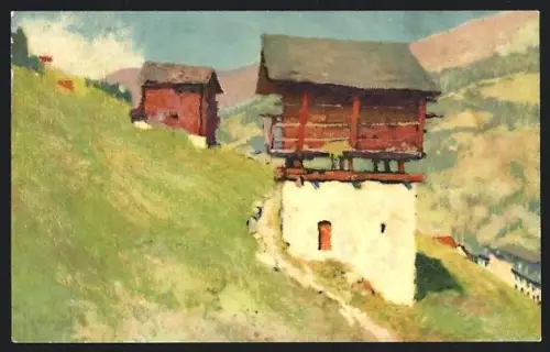 Künstler-AK Grimentz, Steingebäude mit Heuspeicher-Überbau, Ortspartie